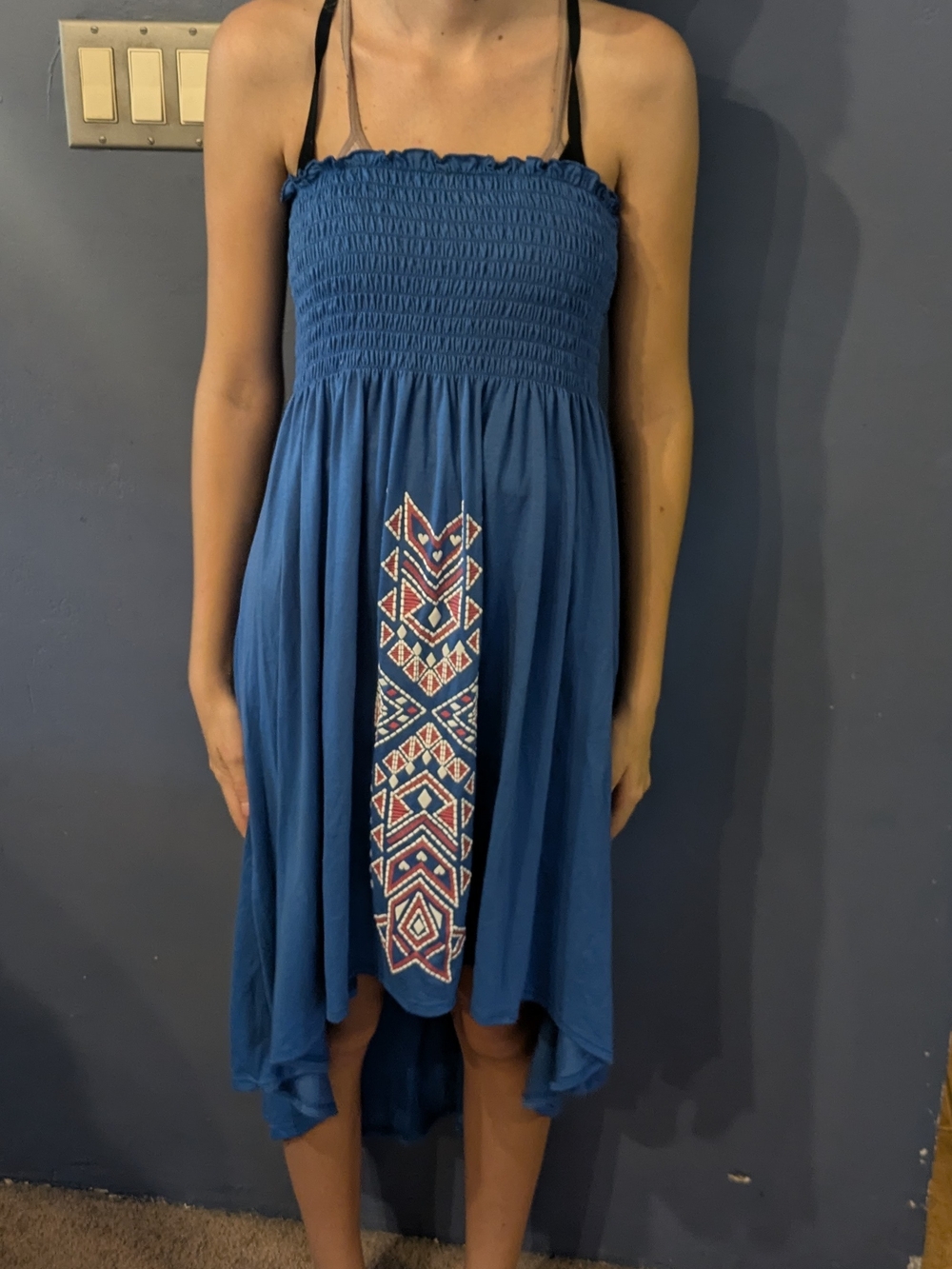 Bongo Jr XL Blue Smocked Strapless Hi Low Tube Dress with Tribal Pattern New